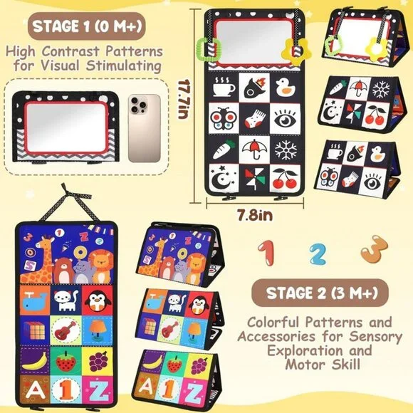 High Contrast Tummy Time Toy, Crinkle Mirror Sensory for Baby 0 to 12 Months - Picture 2 of 7